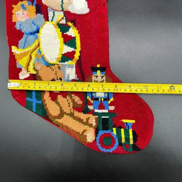 Vintage Christmas Needlepoint Stocking Santa Claus Toys Red Hanging Loop Figural - Picture 8 of 8
